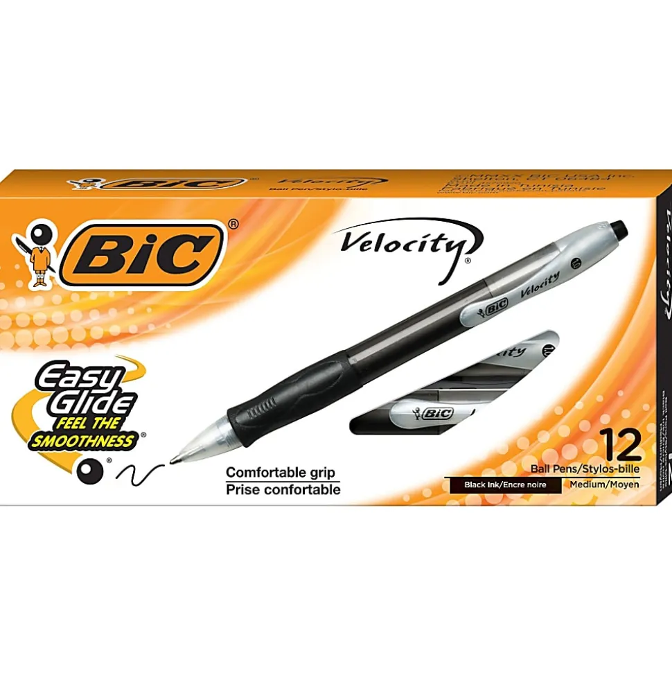 BIC® Velocity® Retractable Ballpoint Pens, Medium Point, 1.0 mm, Assorted Barrels, Black Ink, Pack Of 12