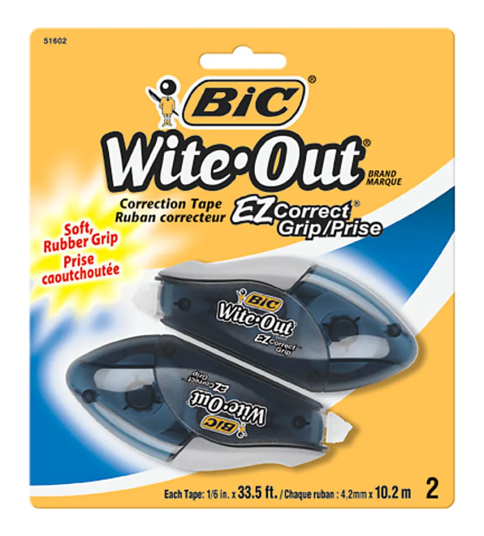 BIC Wite-Out EZ CORRECT Grip Correction Tape - 33.50 ft Tape Length - 1 Line(s) - White Tape - Rubber Grip - White - 2 / Pack