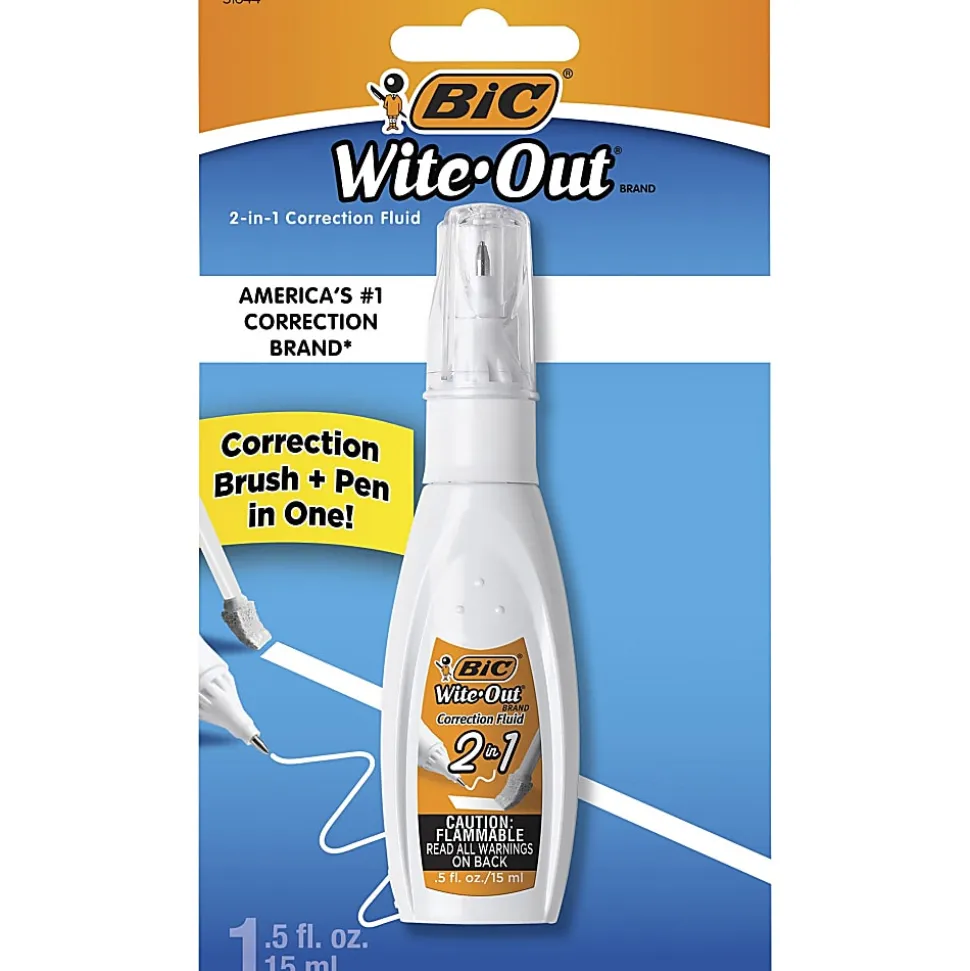 BIC Wite-Out Wite Out 2-in1 Correction Fluid - Tip, Brush Applicator - 0.51 fl oz - White - Quick Drying - 1 Each