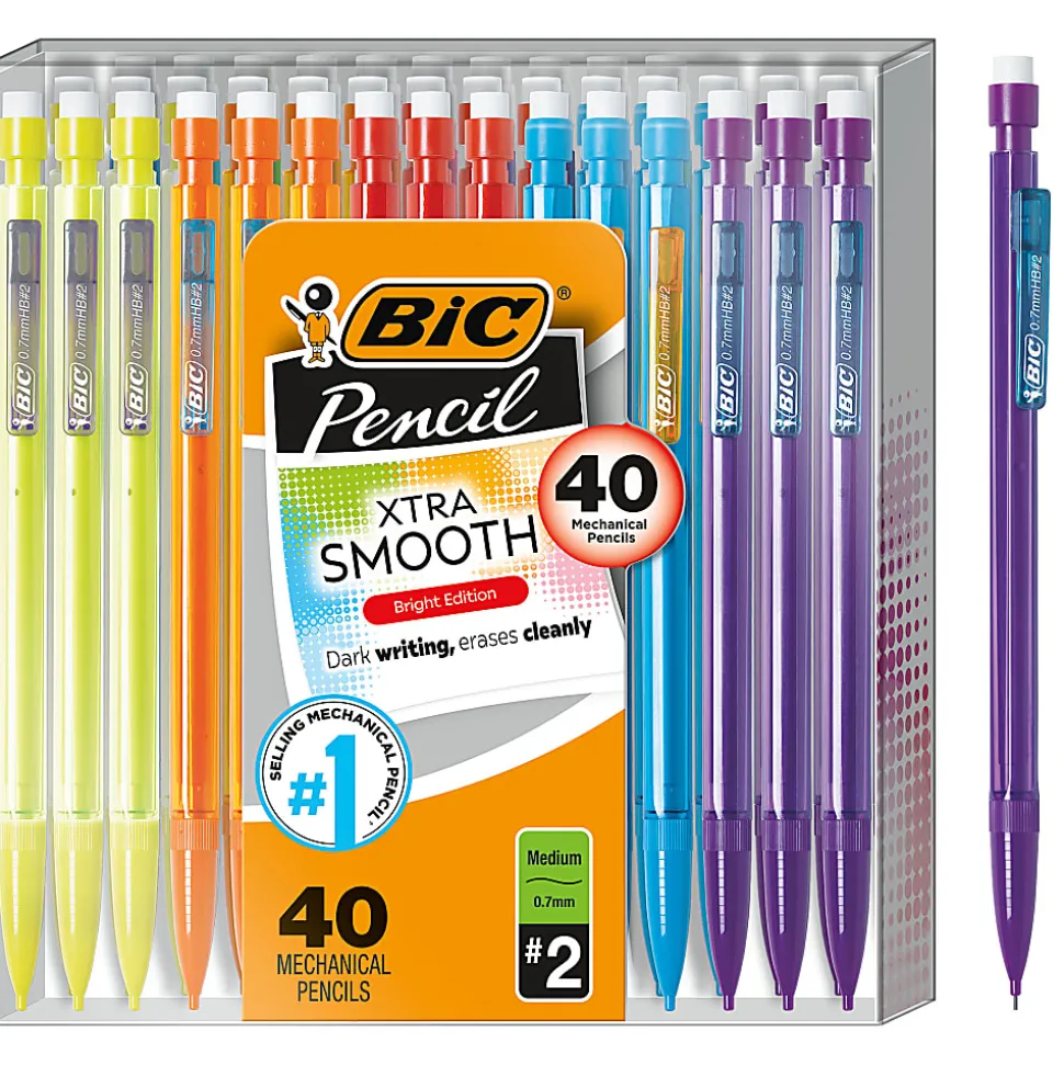 BIC Xtra Smooth Mechanical Pencils, Bright Edition, No. 2, Medium Point, 0.7 mm, Assorted Bright Barrels, Pack Of 40 Pencils