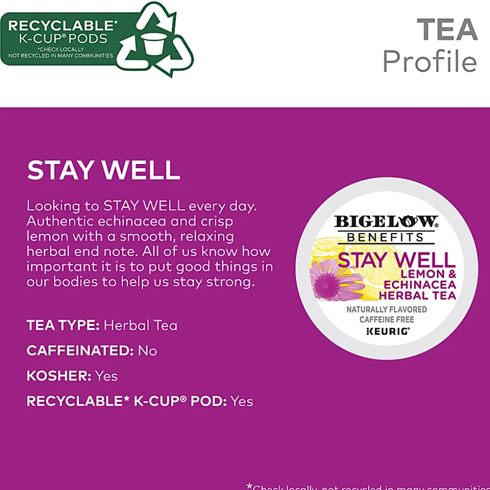 Bigelow Stay Well Herbal Tea Keurig Single Serve K-Cup Pods, 22 Pods Per Pack, Case Of 4 Packs