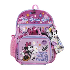 Bioworld Minnie Mouse Backpack With Lunch Bag, Utility Case, Key Chain, Water Bottle And Carabiner, Multicolor