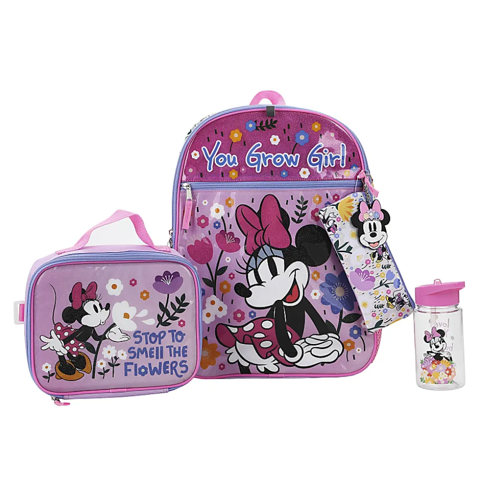 Bioworld Minnie Mouse Backpack With Lunch Bag, Utility Case, Key Chain, Water Bottle And Carabiner, Multicolor