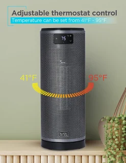 Black+Decker Ceramic Oscillating 1,500W Tower Heater With Remote Control, 15-13/16”H x 6”W x 6-1/8”D, Black