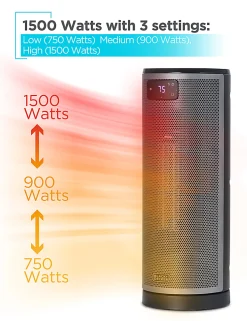 Black+Decker Ceramic Oscillating 1,500W Tower Heater With Remote Control, 15-13/16”H x 6”W x 6-1/8”D, Black