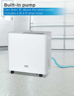 BLACK+DECKER Portable Dehumidifier with Built-In Pump, 50 Pint, Up To 4,500 Sq. Ft. Coverage, 12.68-Pint Bucket, White, Total Quantity 1
