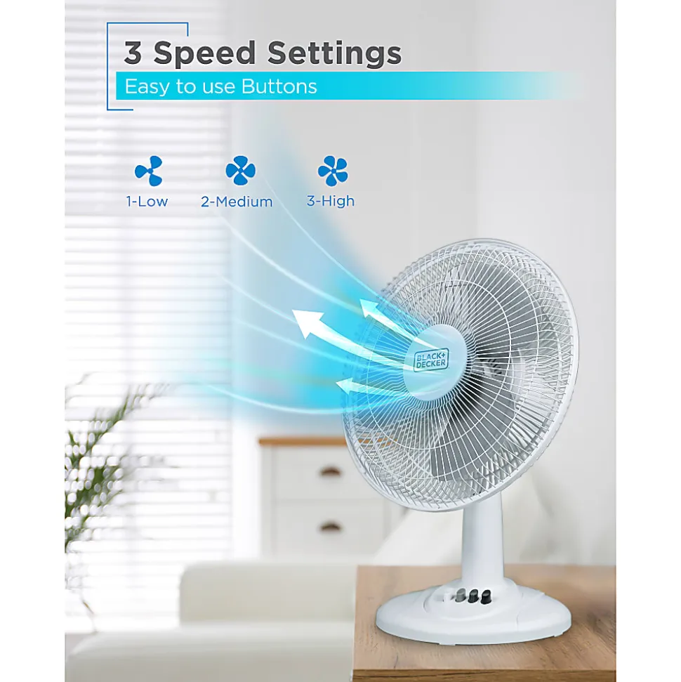 BLACK+DECKER 3-Speed Oscillating Portable Table Fan, 18-5/16"H x 13-5/16"W x 9-13/16"D, White