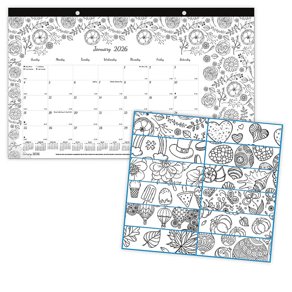 2026 Blueline® DoodlePlan™ Monthly Desk Pad Coloring Calendar, 17-3/4” x 10-7/8”, Motif, January To December, C2917001