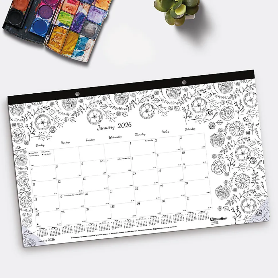 2026 Blueline® DoodlePlan™ Monthly Desk Pad Coloring Calendar, 17-3/4” x 10-7/8”, Motif, January To December, C2917001