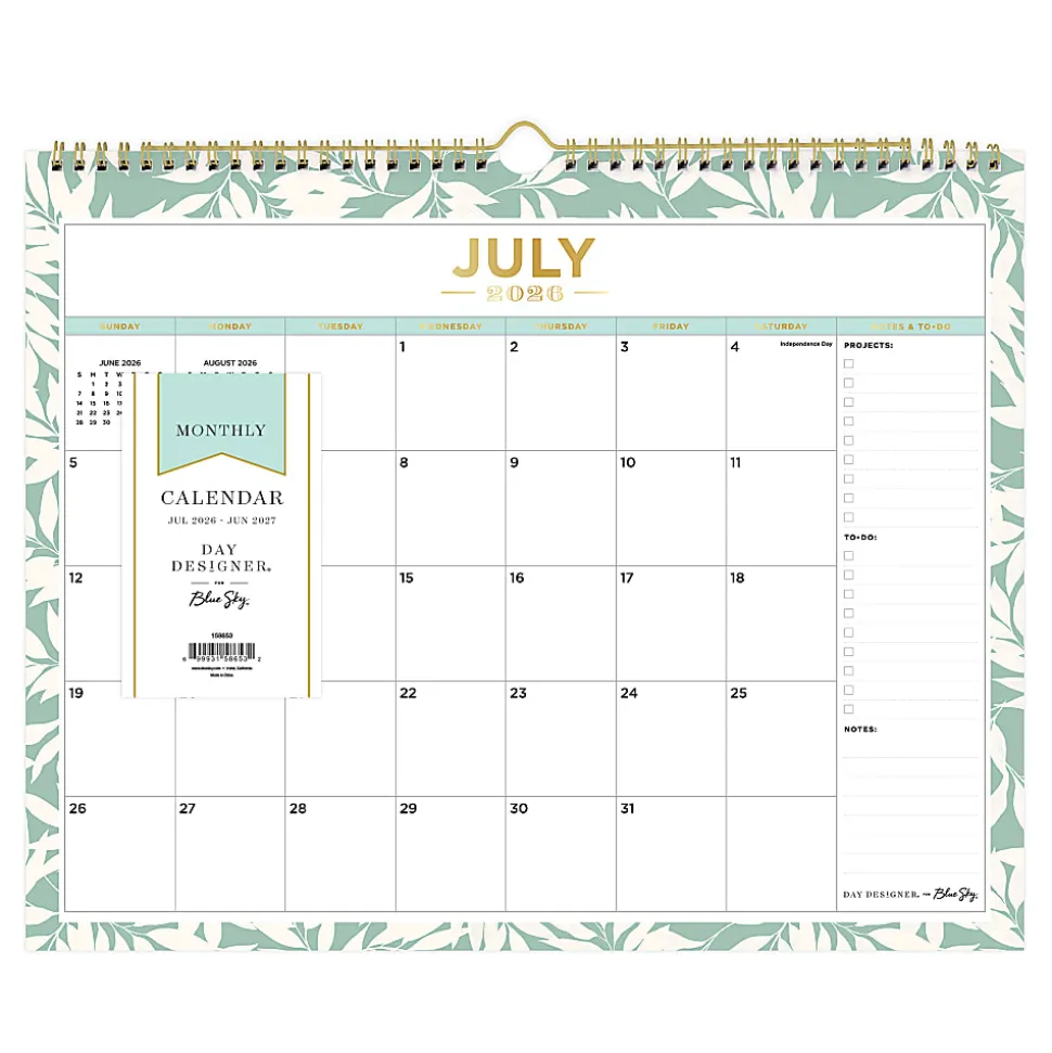 2026–2027 Blue Sky DD Scattered Leaves Light Graceful Green Monthly Wall Calendar, 15 x 12, Scattered Leaves Light Graceful Green Academic Year