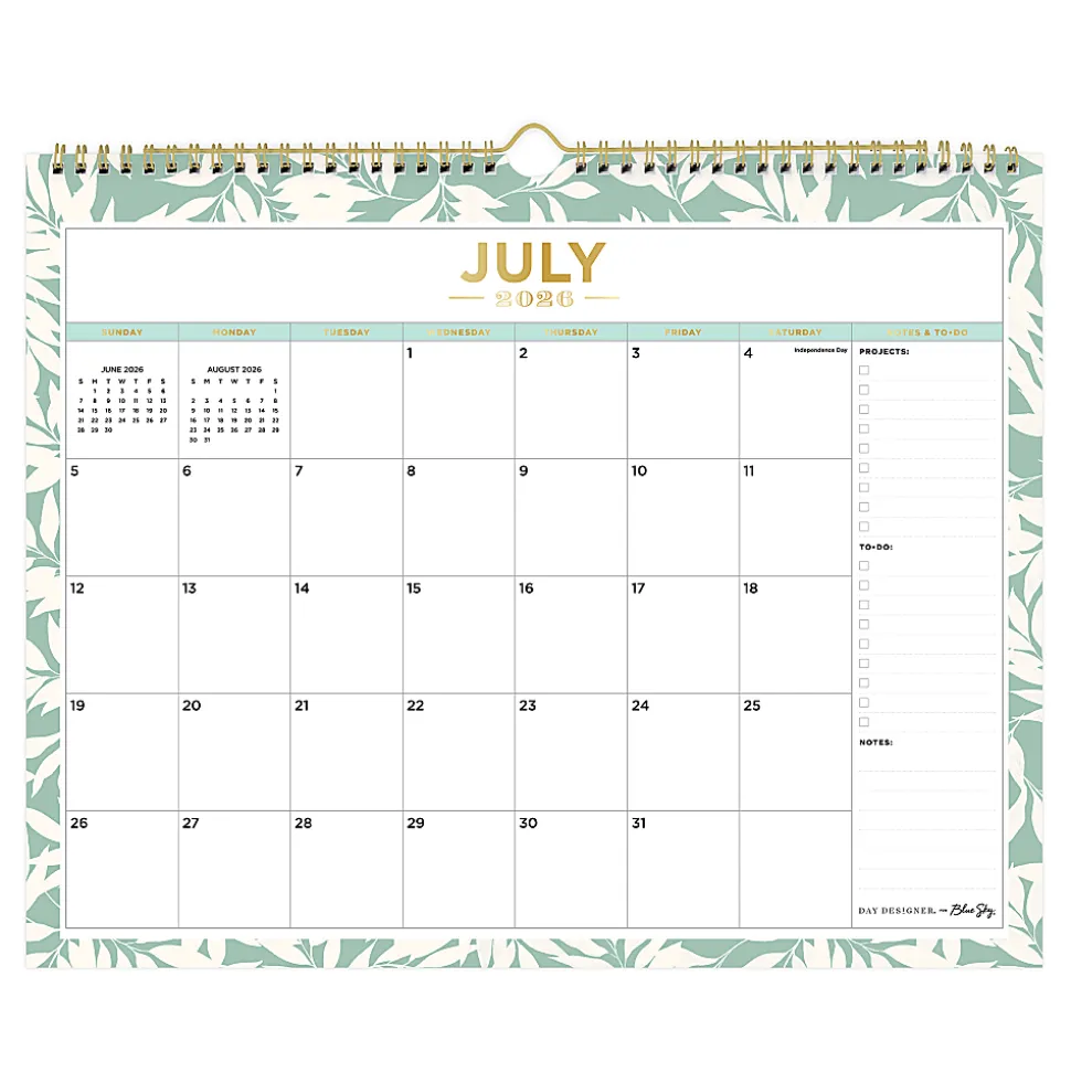 2026–2027 Blue Sky DD Scattered Leaves Light Graceful Green Monthly Wall Calendar, 15 x 12, Scattered Leaves Light Graceful Green Academic Year