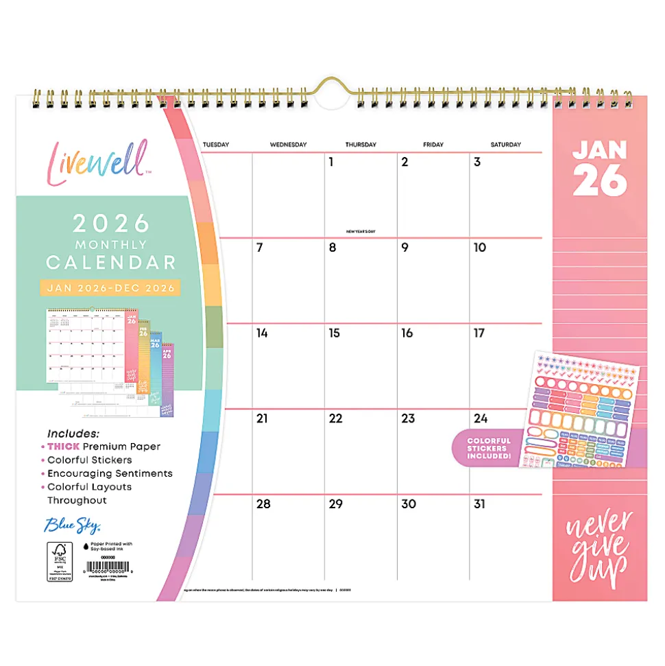 2026 Blue Sky LiveWell™ Monthly Wall Calendar, 15” x 12”, Colors, January To December, 153904