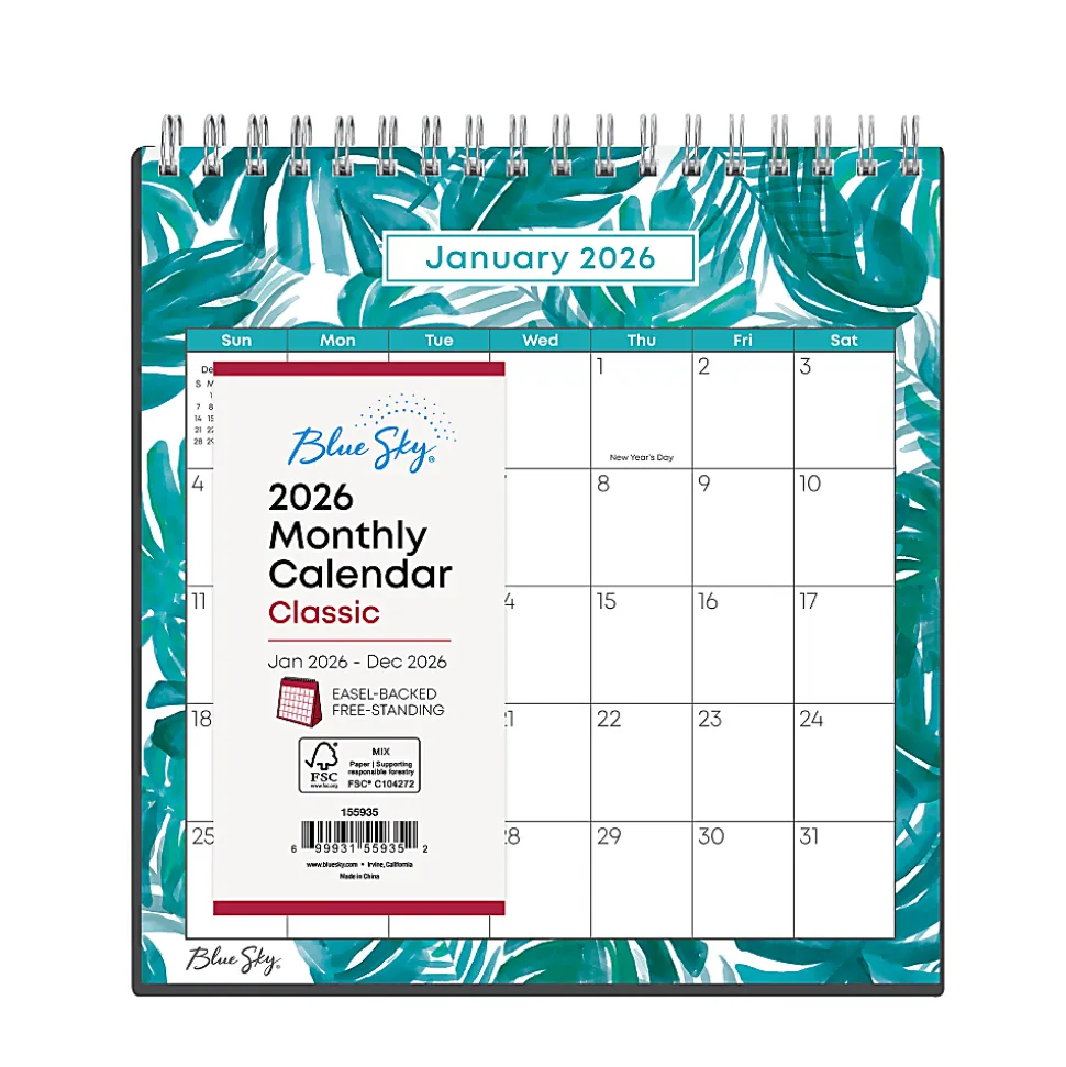 2026 Blue Sky Monthly Desk Calendar With Stand, 6-1/8” x 6-3/8”, Palm Leaves Teal, January To December, 155935