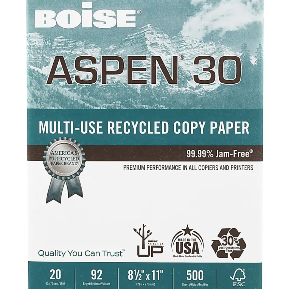 Boise® ASPEN® 30 Multi-Use Printer & Copy Paper, 10 Reams, White, Letter Size, 5000 Sheets Per Case- 054901-CTN