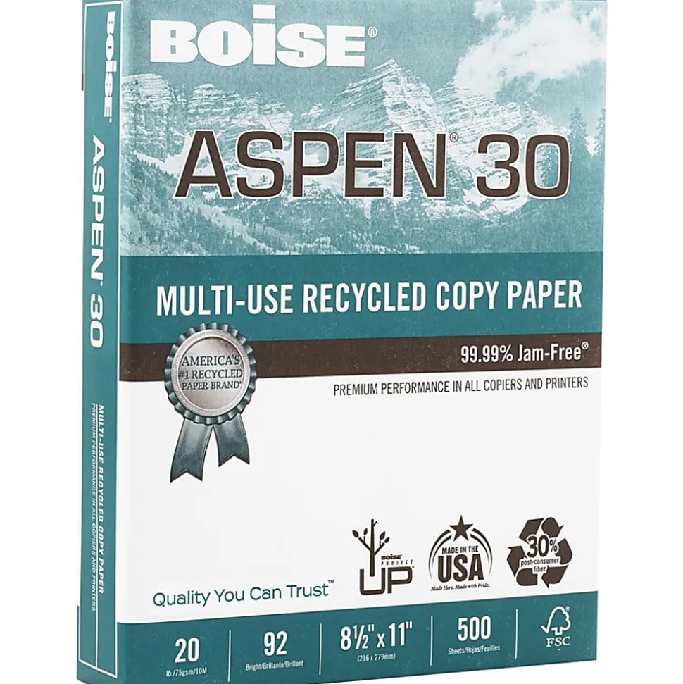Boise® ASPEN® 30 Multi-Use Printer & Copy Paper, 10 Reams, White, Letter Size, 5000 Sheets Per Case- 054901-CTN