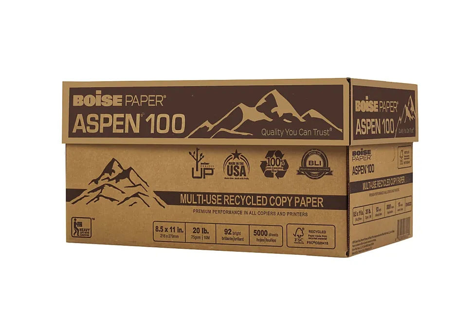 Boise® ASPEN® 100 Multi-Use Printer & Copy Paper, 10 Reams, White, Letter Size, 5000 Sheets Per Case, 20 Lb, 92 Brightness - 054922-CTN