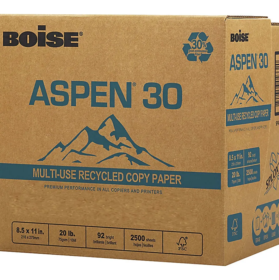 Boise® ASPEN® 30 SPLOX® Paper, Speed-Loading Reamless Paper, Letter Size (8 1/2" x 11"), 20 Lb, FSC® Certified, Ream Of 2,500 Sheets