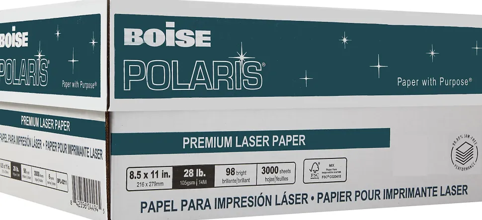 Boise POLARIS® Premium Laser Paper, 6 Reams, White, Letter Size (8 1/2" x 11"), 500 Sheets Per Ream, FSC® Certified, 28 Lb, 98 Brigtness