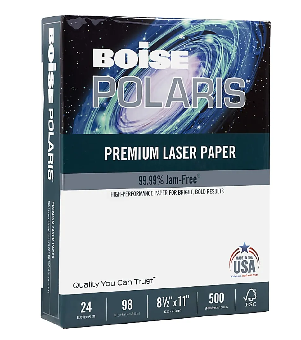 Boise POLARIS® Premium Laser Paper, 1 Ream, White, Letter Size (8 1/2" x 11"), Ream Of 500 Sheets, 24 Lb, 98 Brightness