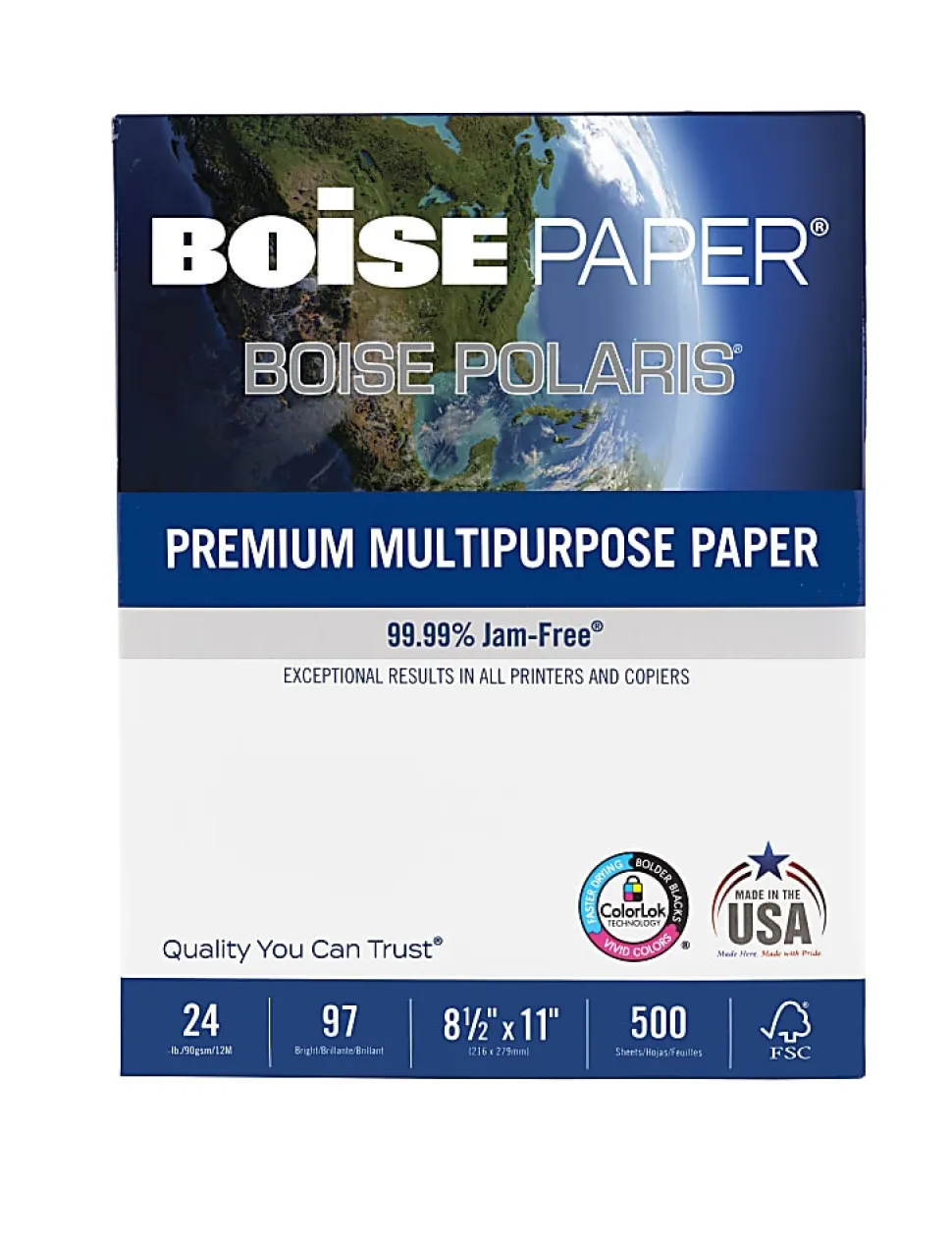 Boise® POLARIS® Premium Multi-Use Printer & Copy Paper, 10 Reams, White, Letter (8.5"x11"), 5000 Sheets Per Case, 24 Lb, 97 Brightness, FSC® Certified