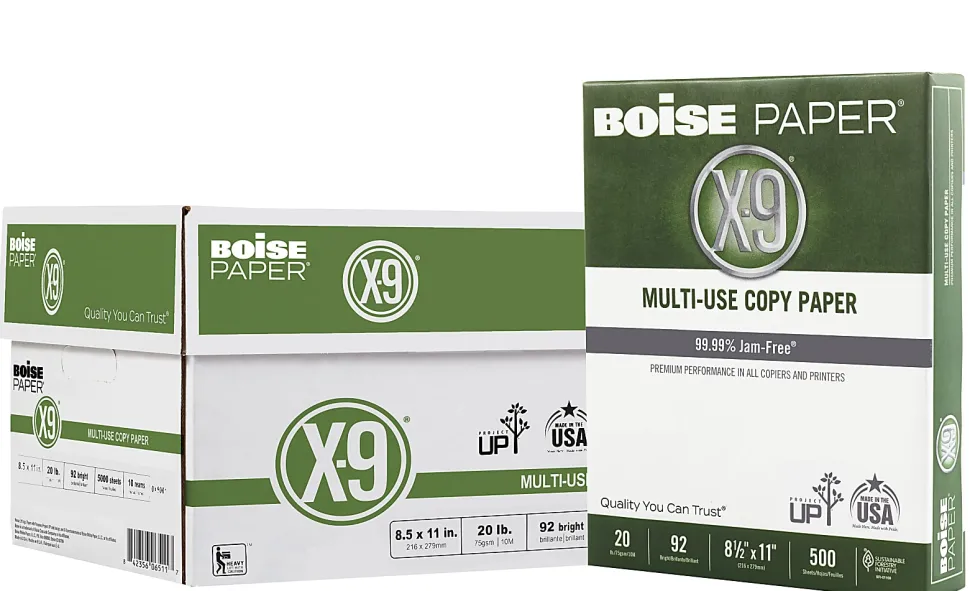 Boise® X-9® Multi-Use Printer & Copy Paper, 10 Reams, White, Letter (8.5" x 11"), 5000 Sheets Per Case, 20 Lb, 92 Brightness