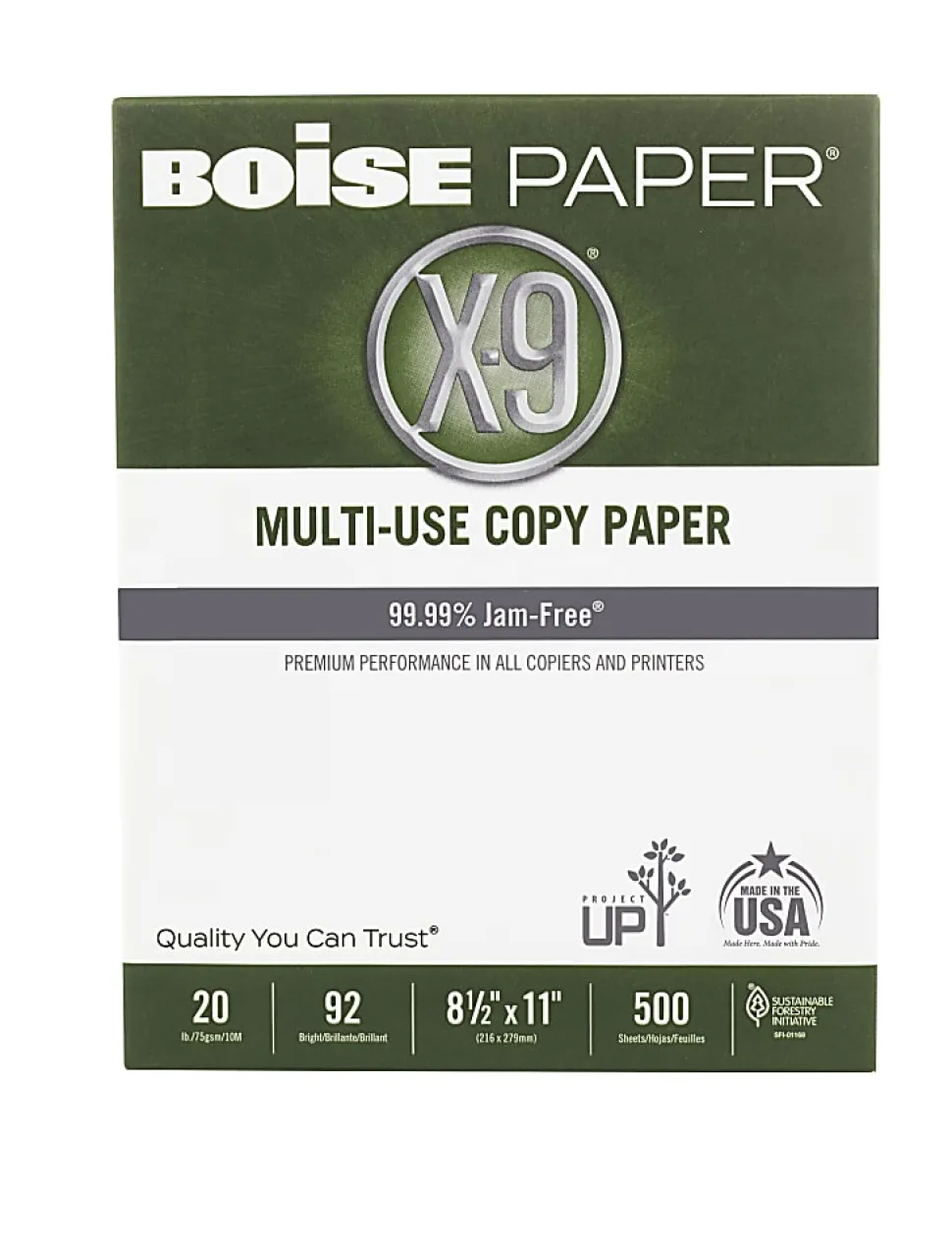 Boise® X-9® Multi-Use Printer & Copy Paper, 10 Reams, White, Letter (8.5" x 11"), 5000 Sheets Per Case, 20 Lb, 92 Brightness