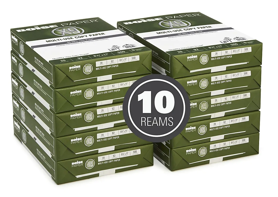 Boise® X-9® Multi-Use Printer & Copy Paper, 10 Reams, White, Letter (8.5" x 11"), 5000 Sheets Per Case, 20 Lb, 92 Brightness
