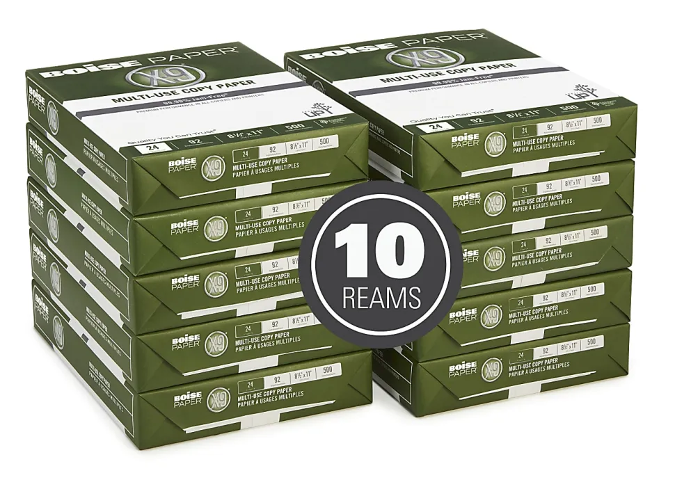 Boise® X-9® Multi-Use Printer & Copy Paper, 10 Reams, White, Letter (8.5" x 11"), 5000 Sheets Per Case, 24 Lb, 92 Brightness, SFI® Certified