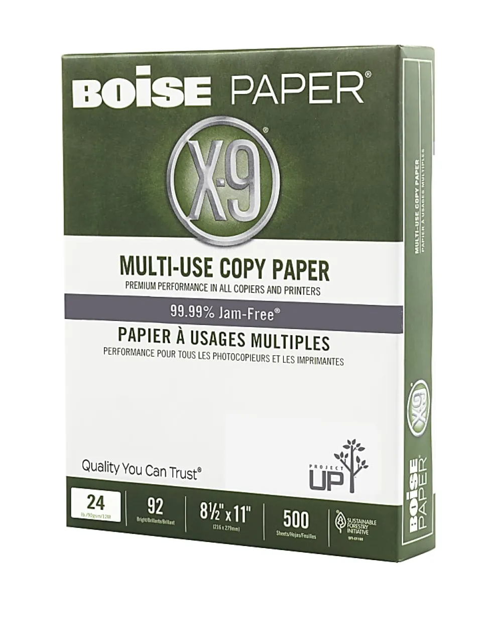 Boise® X-9® Multi-Use Printer & Copy Paper, 10 Reams, White, Letter (8.5" x 11"), 5000 Sheets Per Case, 24 Lb, 92 Brightness, SFI® Certified