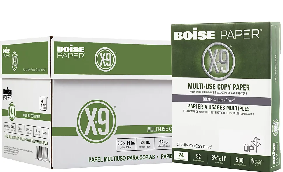 Boise® X-9® Multi-Use Printer & Copy Paper, 10 Reams, White, Letter (8.5" x 11"), 5000 Sheets Per Case, 24 Lb, 92 Brightness, SFI® Certified