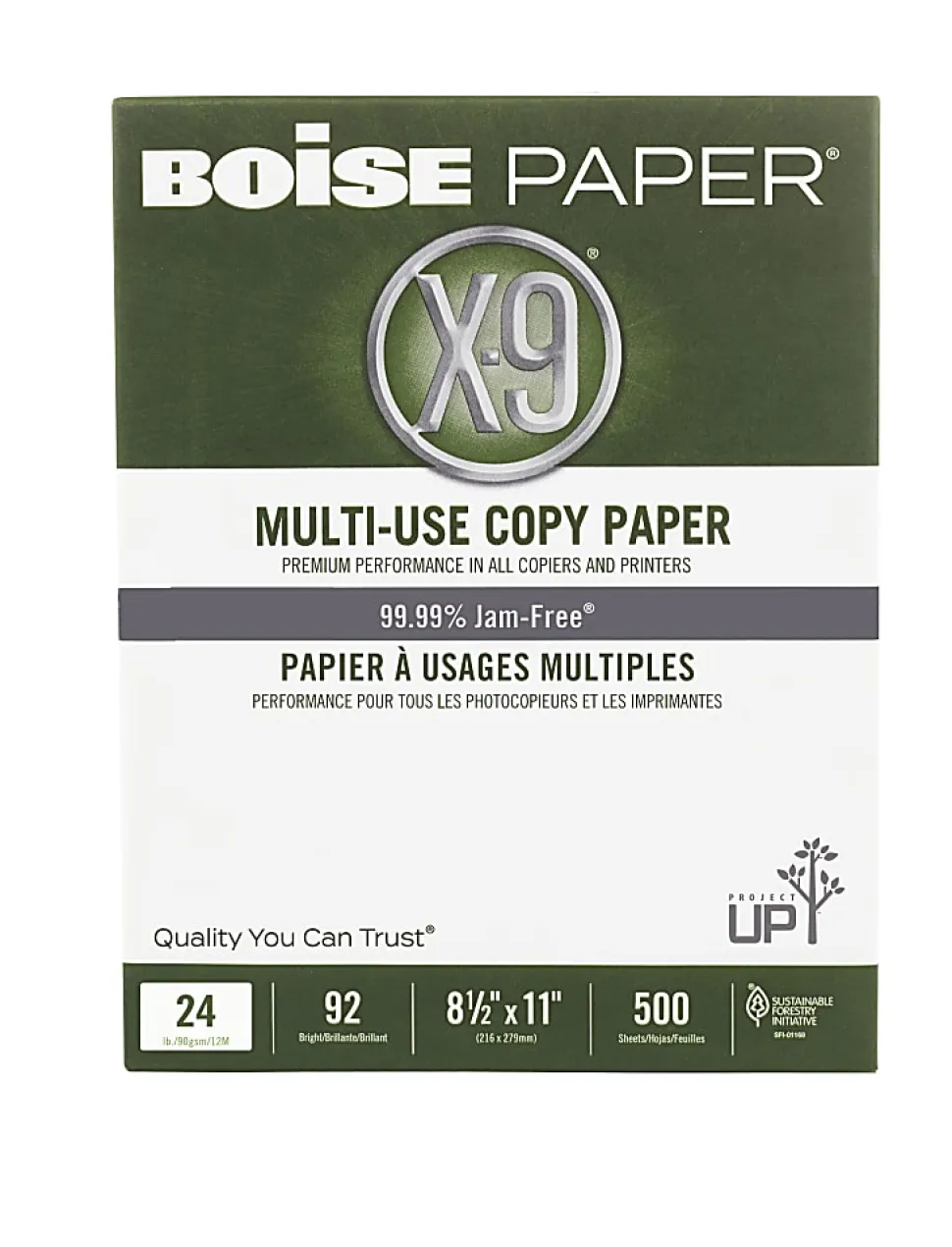 Boise® X-9® Multi-Use Printer & Copy Paper, 10 Reams, White, Letter (8.5" x 11"), 5000 Sheets Per Case, 24 Lb, 92 Brightness, SFI® Certified