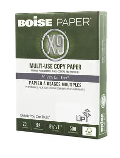 Boise® X-9® Multi-Use Printer & Copy Paper, 10 Reams, White, Letter (8.5" x 11"), 5000 Sheets Per Case, FSC® Certified, 20 Lb, 92 Brightness