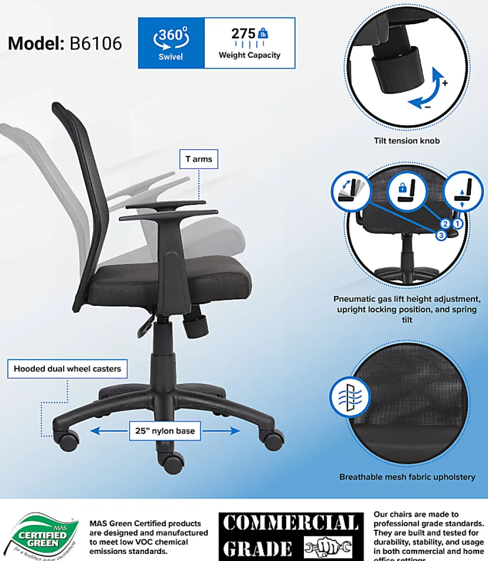 Boss Budget Mesh Task Chair With T-Arms, Black