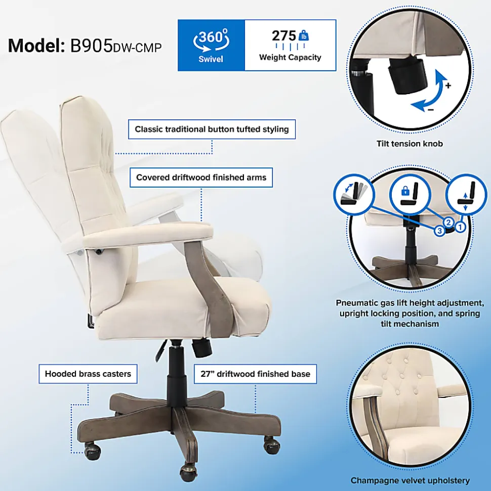 Boss Button-Tufted Ergonomic High-Back Chair, Champagne Velvet