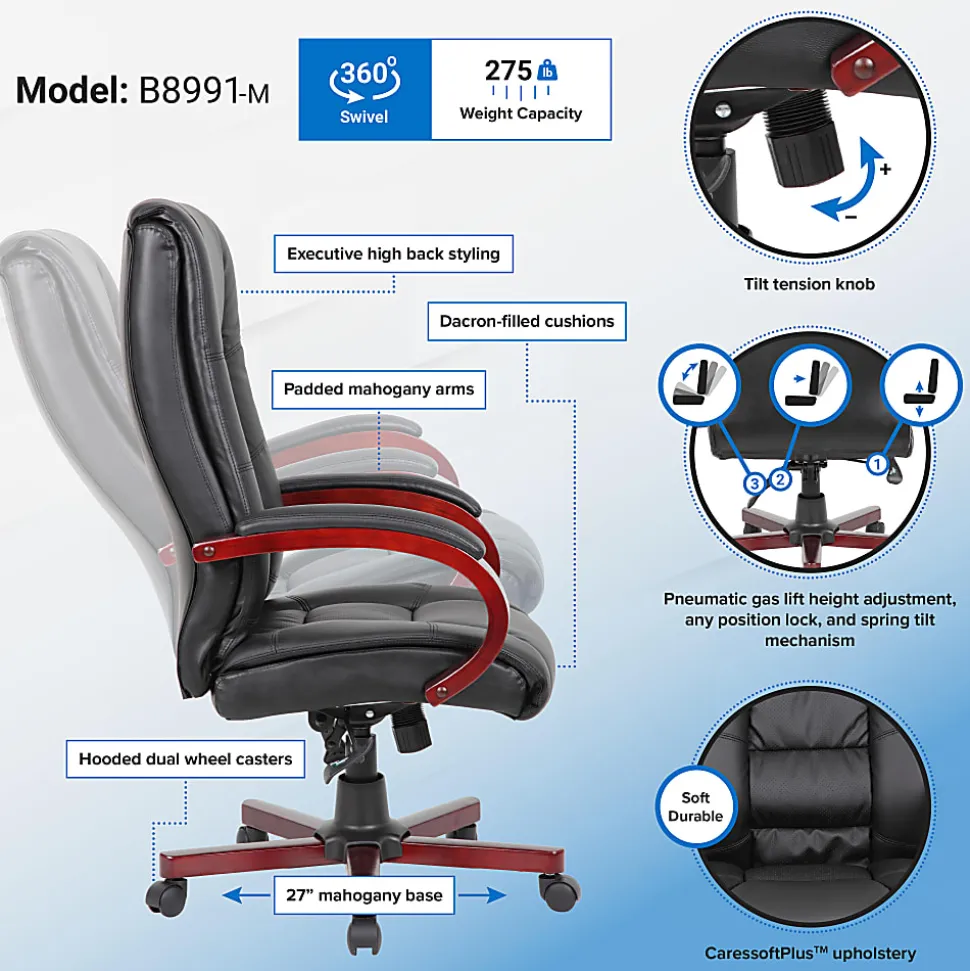 Boss Office Products Aaria Ergonomic Vinyl/Wood High-Back Chair, Black/Mahogany