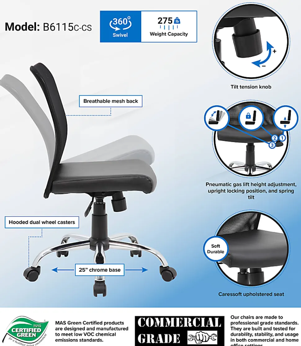 Boss Office Products Budget Fabric Mesh-Back Task Chair, Black/Silver