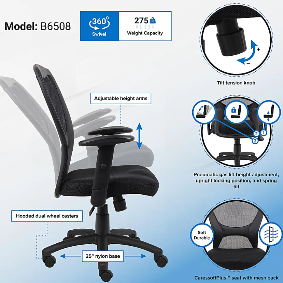 Boss Office Products Budget Mesh Task Chair, With Padded Arms, Black