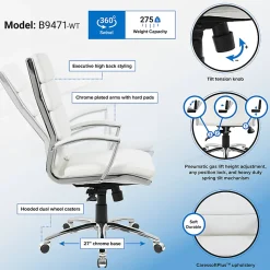 Boss Office Products CaressoftPlus™ Ergonomic Executive High-Back Chair, White/Chrome