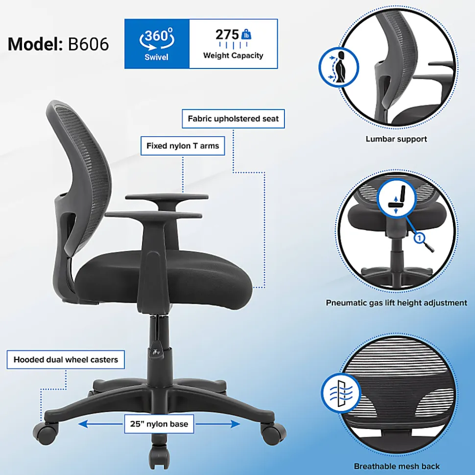 Boss Office Products Commercial Grade Ergonomic Mesh High-Back Task Chair With Arms, Black