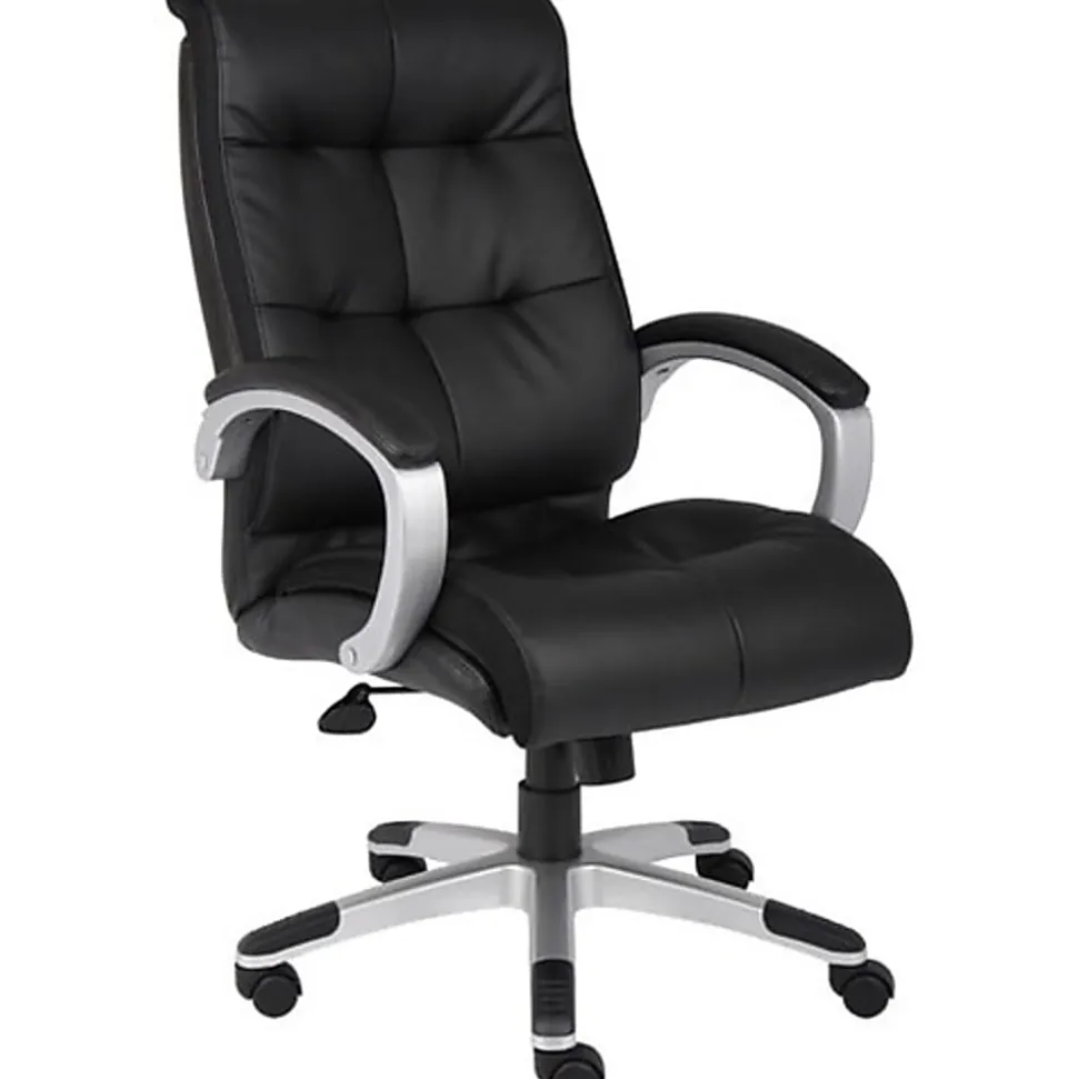 Boss Office Products Double-Plus Ergonomic LeatherPlus™ Bonded Leather High-Back Chair, Black/Silver