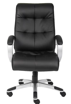 Boss Office Products Double-Plus Ergonomic LeatherPlus™ Bonded Leather High-Back Chair, Black/Silver