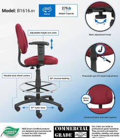 Boss Office Products Drafting Stool, Adjustable Arms, Burgundy, B1616-BY