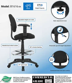Boss Office Products Drafting Stool, Adjustable Arms, Black, B1616-BK