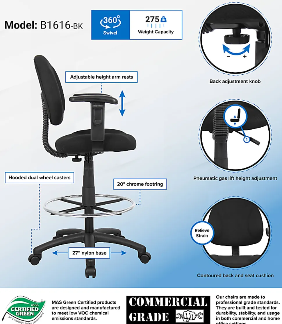 Boss Office Products Drafting Stool, Adjustable Arms, Black, B1616-BK