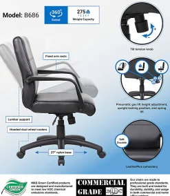 Boss Office Products Ergonomic Bonded Leather Executive Mid-Back Chair, Black