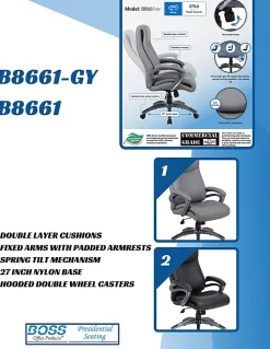 Boss Office Products Ergonomic High-Back Chair, Gray/Gun Metal