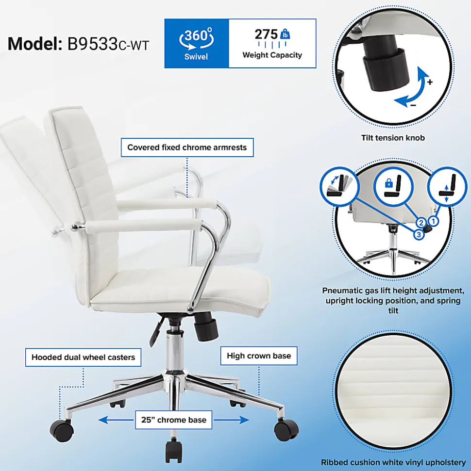 Boss Office Products Ergonomic Vinyl Mid-Back Hospitality Task Chair, White/Chrome