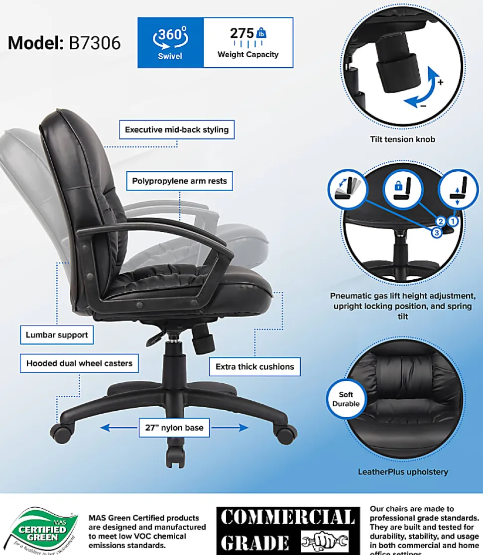 Boss Office Products Ergonomic Vinyl Mid-Back Chair, Black