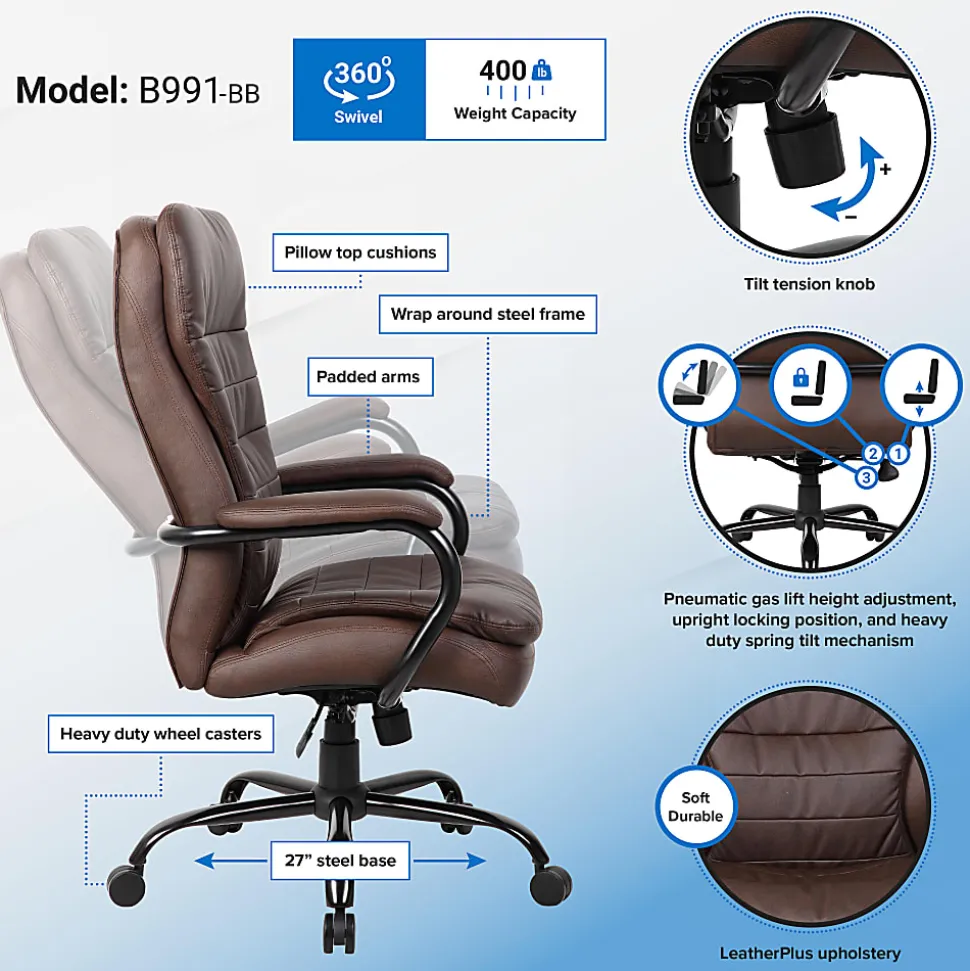Boss Office Products Heavy-Duty Pillow-Top High-Back Chair, Bomber Brown/Silver