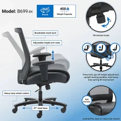 Boss Office Products Heavy-Duty Ergonomic LeatherPlusâ„¢ Bonded Leather/Mesh Mid-Back Chair, Black